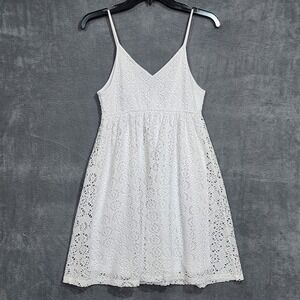 Express White Lace Eyelet Mini Dress Spaghetti Strap Lined Babydoll‎ VNeck